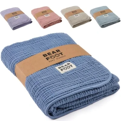 Abbildung von Babydecke Musselin Fleecedecke flauschig weich blau, BEARFOOT, flauschige Kuscheldecke, Baby, Neugeborene, Geschenk Junge &amp; Mädchen
