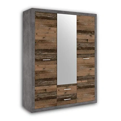 Abbildung von Stella Trading Stone Eleganter Kleiderschrank mit viel Stauraum und Spiegeltür Vielseitiger Drehtürenschrank in Old Style Optik Betonoxid 151 x 198 55 cm (B/H/T)
