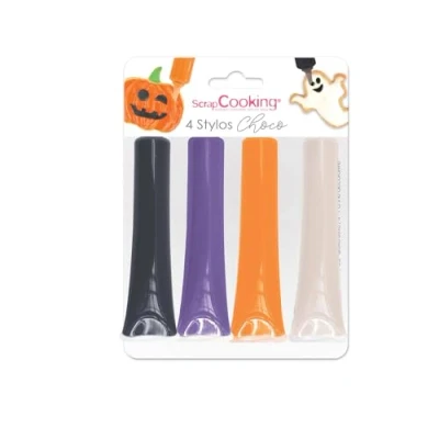 Abbildung von ScrapCooking 4er Set Halloween Schokostifte Schwarz, Orange, Lila &amp; Weiß Essbare Farbstoffe Lebensmittelfarbe Schrift Schreiben Zeichnen auf Desserts, Kuchen Keksen 7064