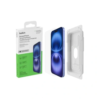 Abbildung von Belkin ScreenForce TemperedGlass antimikrobielle Display Schutzfolie, Schutzglas für iPhone 15 Plus/14 Pro Max, dünn, kristallklar, kratzfest, Positionierungsschale eine blasenfreie Applikation