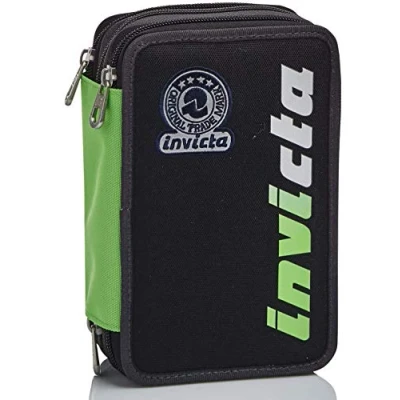 Abbildung von Invicta Federmäppchen, Mäppchen, mehrfarbig, Federtasche für Schreibwaren, Etui mit Stiften, Kugelschreiber, &amp; mehr, 3 Fächer, Mädchen Jungen, Schule Grundschule, XXL KUPANG schwarz/grün