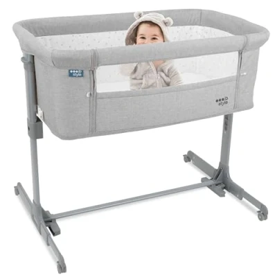 Abbildung von ib style Aluna 3in1 Beistellbett, Babybett, Zustellbett, weiche Matratze, 5 Fach Höhenverstellbar, Reisebett mit Tasche, Kinderbett Rollen, Wiege, für Zuhause und Unterwegs Grau