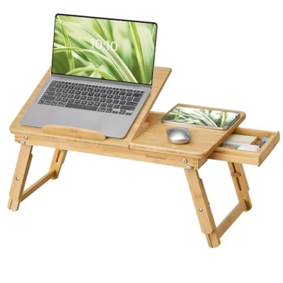 Abbildung von SONGMICS Laptoptisch aus Bambus, Laptopständer, Notebooktisch, Tisch fürs Bett, Frühstückstablett, höhenverstellbar und klappbar, 5 Neigungswinkel, kleine Schublade, naturfarben LLD01N