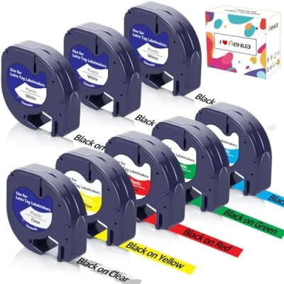 Abbildung von 8 x Hehua Kompatible für Dymo Letratag Etikettenband 12mm 4m 16951 91221 91225 XR LT100H LT110T LT100T QX50 200B XM 2000 Plus