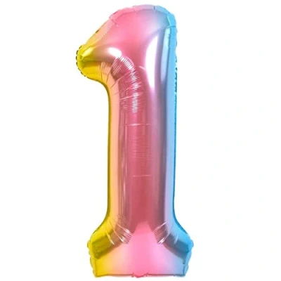 Abbildung von Luftballon 1. Geburtstag Zahl 1 Mehrfarbig Pastell XXL Riesen Folienballon 100cm Geburtstagsdeko Ballon Deko zum Geburtstag. Fliegt mit Helium.