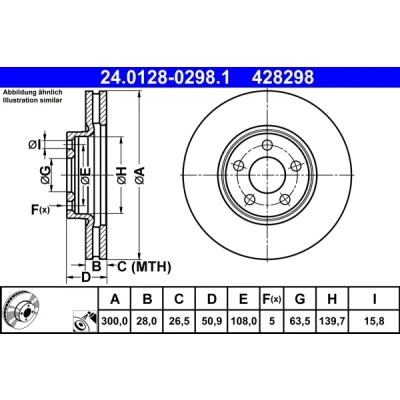 Abbildung von ATE 24.0128 0298.1 Bremsscheibe 300,0 28,0 5 108,0 Belüftet beschichtet legiert/hochgekohlt mit Schrauben FORD: S Max Mk2, Galaxy Mk3 MPV