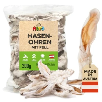 Abbildung von ALTO Premium Hasenohren mit Fell für Hunde 200g Ganze Kaninchenohren Qualität aus Österreich 100% Natürliches Hundeleckerli, Welpen Leckerlies