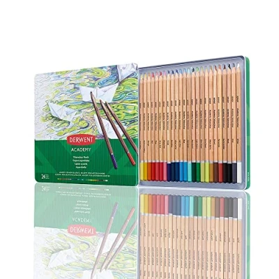 Abbildung von Derwent Academy Aquarellstifte, 24er Set in Dose, Hochwertige Farbstifte, Ideal zum Nass oder Trockenmalen, Zeichnen und Illustrieren, Für Hobbykünstler, 2300226