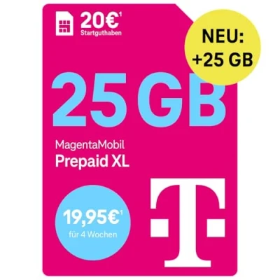 Abbildung von Telekom MagentaMobil Prepaid XL mit 25 GB Highspeed Volumen I Surfen 5G/ LTE Max &amp; Allnet Flat (Min, SMS) in alle dt. Netze Datenmitnahme Basic Roaming Hotspot 20 EUR Startguthaben