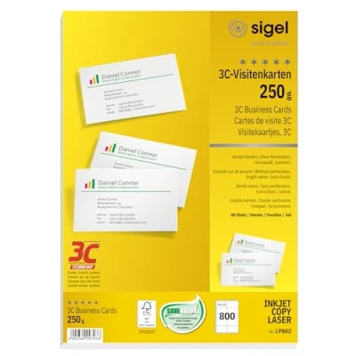 Abbildung von SIGEL LP802 bedruckbare Visitenkarten 3C, 800 Stück (80 Blatt), hochweiß, glatter Schnitt rundum, 250 g, 85x55 mm