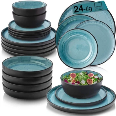 Abbildung von SÄNGER Granada Tafelservice 24 teilig, Steingut Geschirr Set 6 Personen, 6x Teller Frühstücksteller Tiefe Pastaschalen blau mit schwarzem Rand VALUE COLLECTION