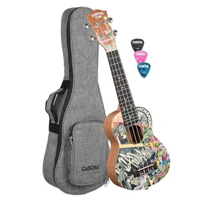 Abbildung von Cascha Sopran Ukulele Set Art Series I Starter Kit mit 3 farbigen Plektren &amp; Tasche Premium Mahagoni Kleine Hawaii Gitarre für Anfänger Fortgeschrittene