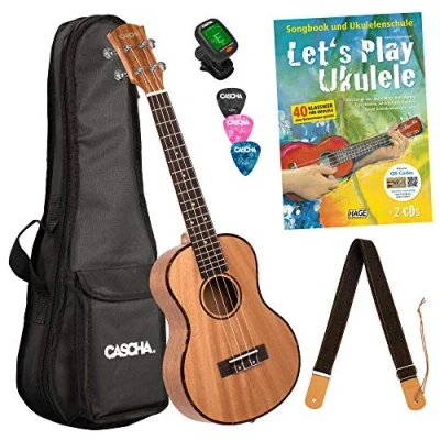 Abbildung von Cascha Tenor Ukulele Set Kinder Erwachsene I Starter Kit 3 Plektren Tasche Gurt Lehrbuch Stimmgerät Premium Mahagoni Kleine Hawaii Gitarre für Anfänger Fortgeschrittene