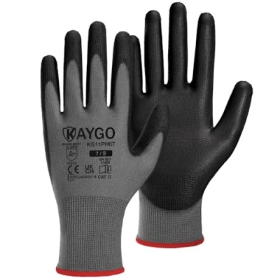 Abbildung von KAYGO 12 Paar Arbeitshandschuhe für Herren Damen, PU beschichtet Schutzhandschuhe, antirutsch Griff an Handflächen und Fingern, Geeignet DIY allgemeine Arbeit Gartenarbeit (Grau, S, Gr 7)