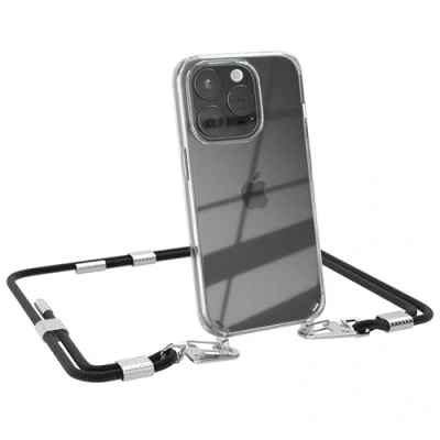 Abbildung von EAZY CASE Handykette mit Karabiner kompatibel iPhone 15 Pro Hülle Silikon transparente Handyhülle für Kette zum Umhängen Schutzhülle in Schwarz Clips Gold