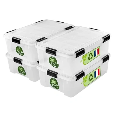 Abbildung von Iris Ohyama Luftdichte Kunststoff Aufbewahrungsboxen mit Deckel, 30L, 4er Set, Transparent, Hermetischer wasserdichter Verschluss, Robuste Schnappverschlüsse, Stapelbar, Staubschutz, BPA frei, WSB 30