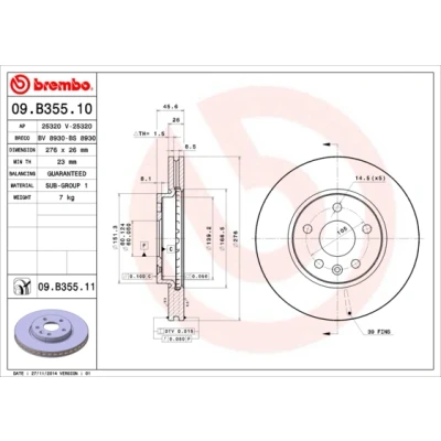 Abbildung von BREMBO 09.B355.10 Bremsscheibe 276 26 5 innenbelüftet mit Schrauben OPEL: Astra J Sports Tourer, Schrägheck, Limousine