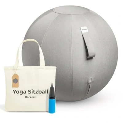 Abbildung von Backerz® Sitzball 55 cm Ergonomische Sitzmöbel für Büro und Heimbüro Langlebiger Stoff, Gymnastikball Fitness Ball, Ballstuhl mit Ballauflage Waschbarer Leinenbezug Hellgrau
