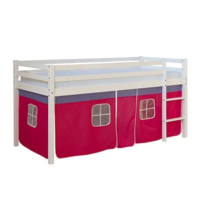 Abbildung von Homestyle4u 538, Kinderbett 90x200 Weiß Hochbett mit Treppe Vorhang Pink Bettgestell Massivholz Kiefer Kinderzimmer