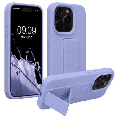 Abbildung von kwmobile Handyhülle kompatibel mit iPhone 15 Pro Hülle Fingerhalter und Standfunktion Silikon Case Handy Cover in Lavendel