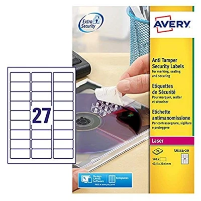 Abbildung von AVERY Zweckform Siegeletiketten Laser 27TV 63,5x29,6mm Ref L6114 20 (540 Etiketten)