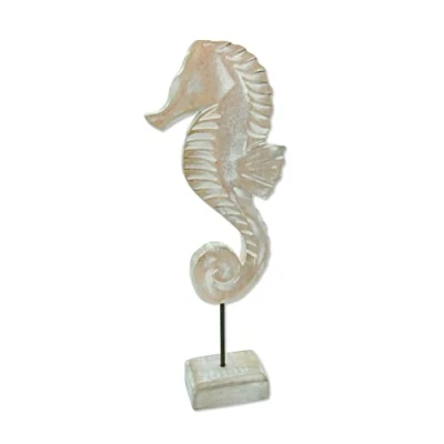 Abbildung von Holz Skulptur Seepferdchen 13 x 34cm weiß braun Dekofigur Tisch Deko Maritim Mediterran Meeresdeko