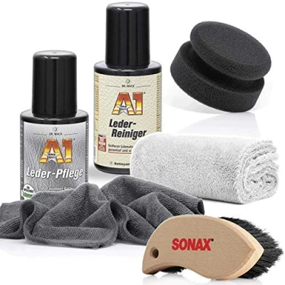 Abbildung von detailmate Dr. Wack Lederreiniger und pflegeset: Wack: A1 + Lederpflege 250ml SONAX Textil Lederbürste Handpolierschwamm Mikrofasertücher 320GSM 550GSM