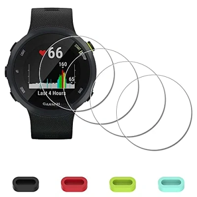 Abbildung von iDaPro Displayschutz Schutzfolie für Garmin Forerunner 45 / 45S Smartwatch + 4 teiliger Ladeanschlussschutz, 9H Härte Gehärtetes Glas Displayschutzfolie Einfache Installation [4 Stück]