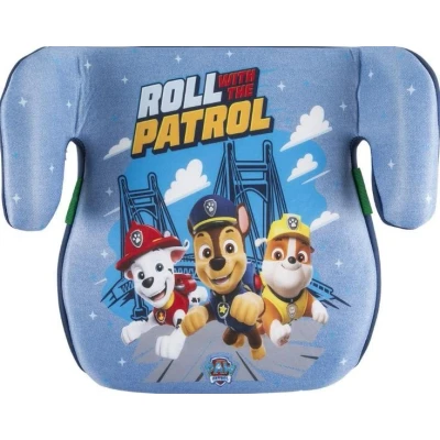 Abbildung von Paw Patrol KindSitzerhöhung i Size ECE R129/03. Kindersitz für Sicherheit von Kindern mit einer Körpergröße 126 150 cm. Sitzerhöhung Grafiken des Patrol,Sitz Kinder auf blau Hintergrund.