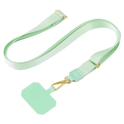 Abbildung von mtb more energy Universal Handykette SoftBand Hellgrün Metallteile Farbe Gold kompatibel mit vielen Handyhüllen hochwertiges glänzendes Band zum Umhängen