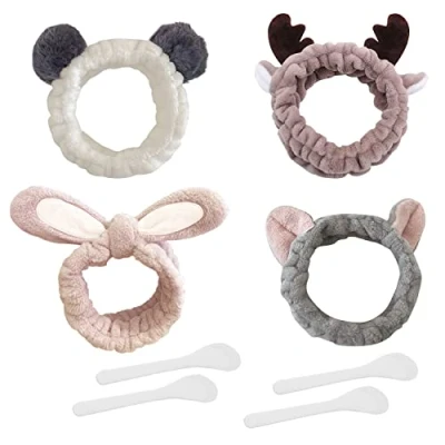 Abbildung von 4 Stück Plüsch Haarbänder, Gesichtsmaske Stick, tägliches Das Gesicht waschen Teile, weiche elastische Korallen Fleece Make up Stirnbänder, für Spa, Yoga