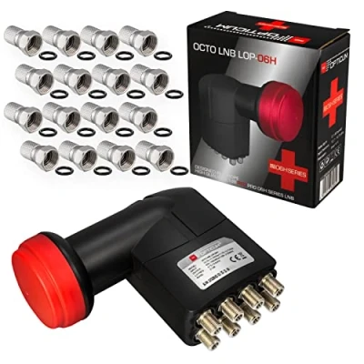 Abbildung von HB DIGITAL Opticum Red Octo LNB LNC Pro LOP 06H 8 Teilnehmer Direkt *** FULL HD TV 3D 4K Schwarz Black Rocket + Wetterschutz (ausziehbar) 16x F Stecker vernickelt im SET mit dabei