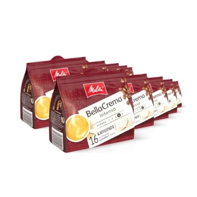 Abbildung von Melitta BellaCrema Intenso gemahlener Röstkaffee in Kaffee Pads 10 x 16 Pads, Kaffeepads für Pad Maschine, kräftige Röstung, geröstet Deutschland, Stärke 4, im Tray