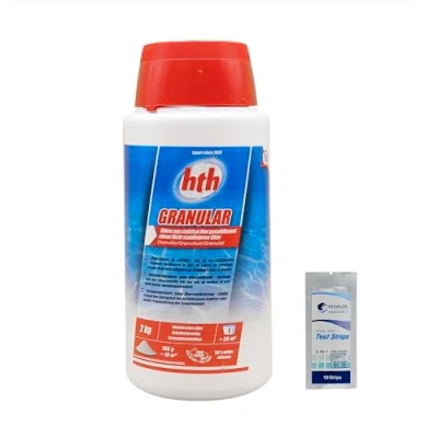 Abbildung von HTH Granular Granulat 2 kg Chlorschock, nicht stabilisiert Schockdesinfektion Calciumhypochlorit mit schneller Auflösung + 10 HP Tests 6 in 1