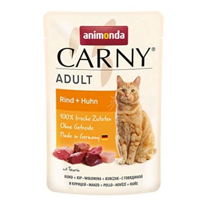 Abbildung von Carny Katzenfutter nass Pouch Rind + Huhn (12 x 85g), Katzen Nassfutter ohne Getreide und Zucker für ausgewachsene von animonda mit frischen fleischlichen Zutaten, praktische Portionsbeutel