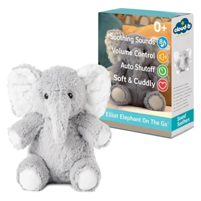 Abbildung von Cloud b Soundmaschine mit weißem Rauschen beruhigenden Geräuschen Kuscheliges Stofftier Einstellbare Einstellungen und automatische Abschaltung Ideal für Reisen Elliot Elefant Unterwegs