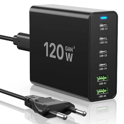 Abbildung von USB C Ladegerät 120W GaN，Mehrfach Ladegerät【4USB + 2USB A】 PD Ladegerät, 6 Port Ladestation Kompatibel mit iPhone/Samsung/Google/Xiaomi/Laptop/Tablet und Anderen Geräten