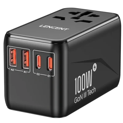 Abbildung von LENCENT Universeller Reiseadapter 100W GaN3 Internationaler Reisestecker mit 2 QC4,0 USB A+2 PD3,0 Typ C PPS Schnellladung, Weltweiter Wall Charger für USA/UK/EU/AU Steckdosen, Weiß