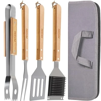 Abbildung von Praknu Grillbesteck Set aus Holz, (Set, 4 tlg), Mit Tragetasche Robust und Hitzebeständig