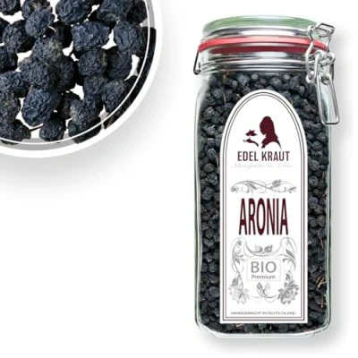 Abbildung von Aroniabeeren getrocknet BIO 700g im Premium Drahtbügelglas EDEL KRAUT Aronia Beere (ganz) [Aronia Melanocarpa] Superfood RAW VEGAN kbA Beeren aus kontrolliert biologischem Anbau