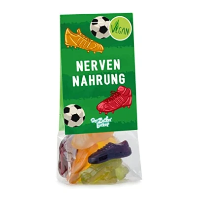 Abbildung von Naschbeutel Nervennahrung bunte vegane Fruchtgummi Fußball Schuhe im Geschenk Beutel, süße Idee