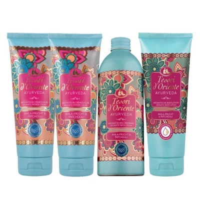 Abbildung von Tesori d&#039;Oriente Pflege Geschenkset Bade Ritual Ayurveda 1x Badezusatz 2x Duschbad Bodylotion Set, 4 tlg.