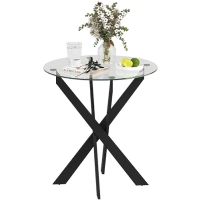 Abbildung von HOMCOM Esstisch, Rund Küchentisch für 4 Personen, Esszimmertisch mit Stahlbeinen, Tischplatte aus Hartglas, Esszimmer, Küche, Ø70 x 75 cm, Modern Design, Schwarz+Transparent