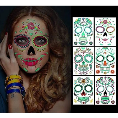 Abbildung von Dream Loom Halloween Gesicht Tattoos, 6pcs Tag der Toten Zuckerschädel Blumen Vollgesicht Temporäres Tattoo Glühen im Dunkeln, für Erwachsene Kinder Party Makeup (Gesichtsaufkleber)