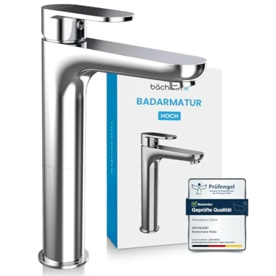 Abbildung von Bächlein Badarmatur Keila hoch in klassischem Design, extra hoher Einhebelmischer für Aufsatzwaschbecken mit Montage Set, Bad Wasserhahn Chrom klassisch