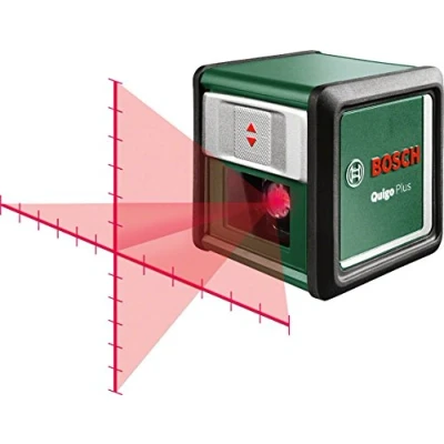 Abbildung von Bosch Kreuzlinienlaser Quigo Plus mit Stativ (einfaches Ausrichten in gleichen und variablen Abständen dank Markierungen auf der Laserlinie)