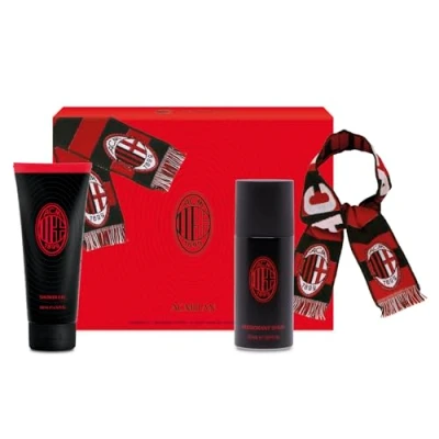Abbildung von AC Milan Geschenkset Deodorant 150 ml + Duschgel 200 offizieller Schal holziger &amp; würziger Duft sportliches intensives Parfüm Zedernholz, Moschus Bernstein Körper und