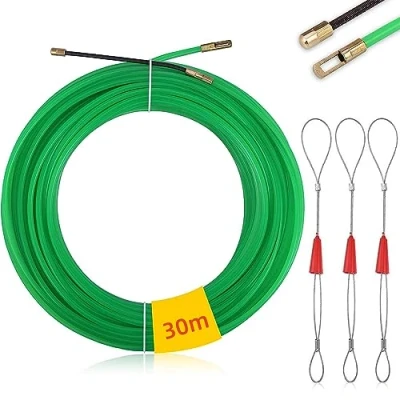 Abbildung von Mis.Moon 30m Kabeleinziehhilfe mit 3 Führungsfeder, φ4mm Einziehband Einziehdraht Einziehspirale, Kabeleinzug Einziehhilfen, Fischband Drahtzieher für Einzugsband zur Kabelverlegung (Grün)