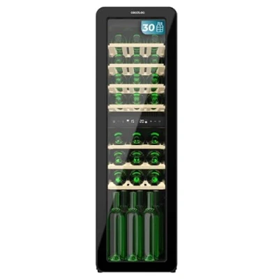 Abbildung von Cecotec Weinkühlschrank 30 Flaschen Retro Bolero Grandsommelier Origin Duo Hit Black. Schwarz mit 2 Temperaturzonen (5 12ºC, 12 20ºC), LED Steuerung, NoFrost, Holzregale, Innenbeleuchtung