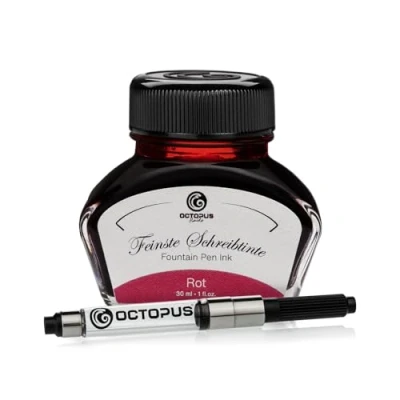 Abbildung von Octopus Fluids Füllhaltertinte im Tintenglas inklusive Konverter, Schreibtinte für Füllhalter, Füllertinte in Rot 30ml mit Tintenkonverter